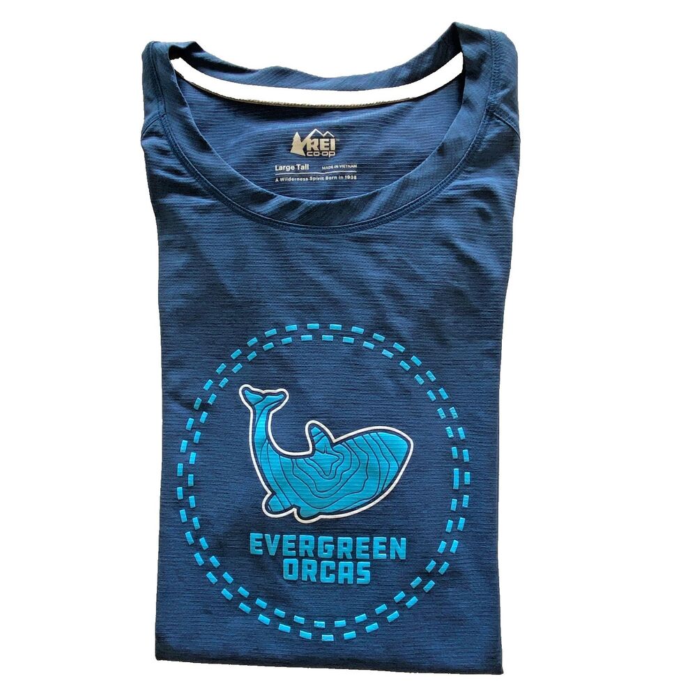REI Co-Op Mens T shirt Short‎ Sleeve L Graphic Blue Crew Neck Evergreen Orcas